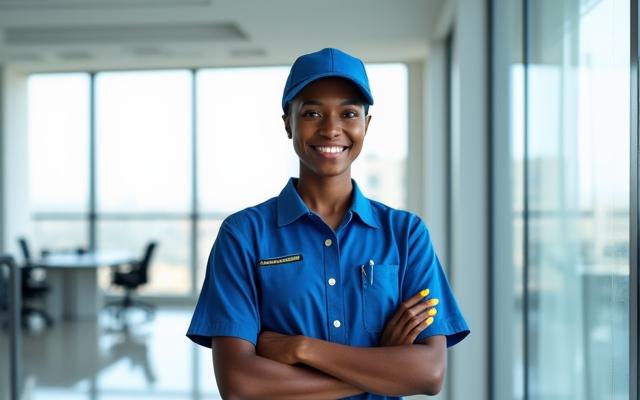 Image of a worker taking a call in a cleaned, modern office